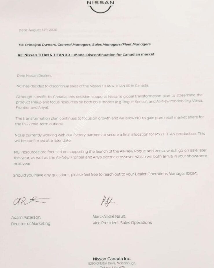 Nissan Canada sales letter