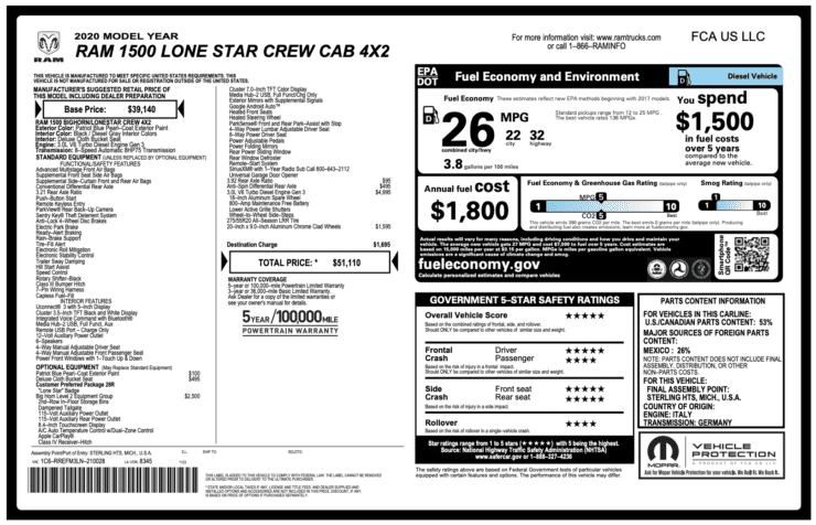 2020 Ram 1500 Lone Star Crew Cab 4x2 Eco Diesel Window Sticker