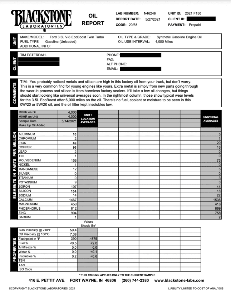 F-150 PowerBoost oil analysis report