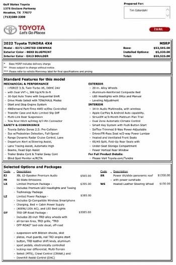 2022 Toyota Tundra Limited spec sheet