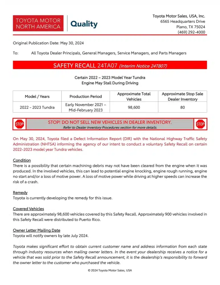 2022-2024 Toyota Tundra Recall
