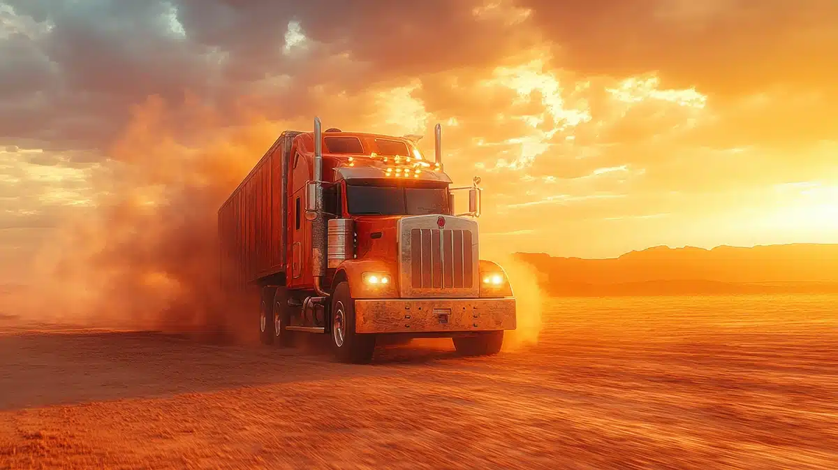 vecteezy powerful red semi truck driving through dusty desert at 49740693 copy