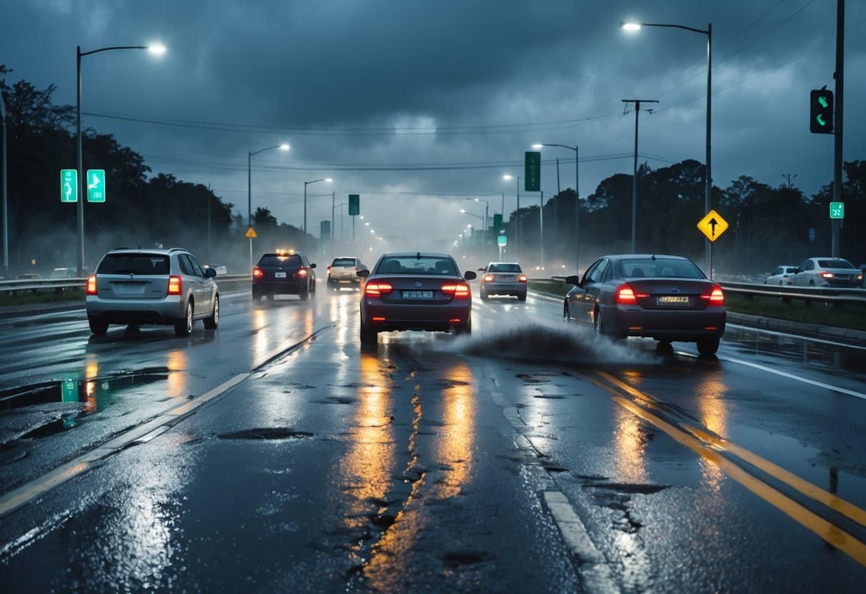 A wet urban road with potholes and faded markings, cars driving carefully under cloudy skies with fog and a pedestrian waiting at a crossing.