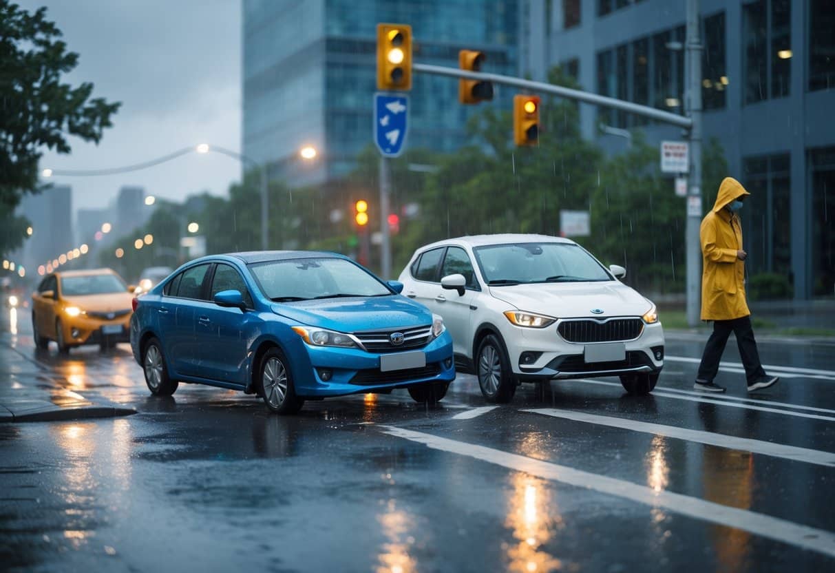 Two cars with minor bumper damage at a rainy city intersection with wet roads and a pedestrian crossing nearby.