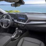 Passenger’s side view of front cabin in Chevrolet Trax ACTIV with Jet Black with Artemis Accents Interior. Pre-production model shown. Actual production model may vary. Available in spring 2023. Cacti Green exterior color late availability.