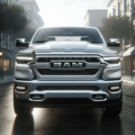 dall·e 2023 10 19 13.52.16 photorealistic 35mm photo of the 2025 ram 1500 viewed from a low front angle, capturing the redesigned grille, headlights, and front bumper. the truck