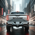 dall·e 2023 10 19 13.52.18 ultra realistic 35mm photo of the 2025 ram 1500 taken from a rear three quarter angle, showcasing the updated tailgate, rear lights, and exhaust syste